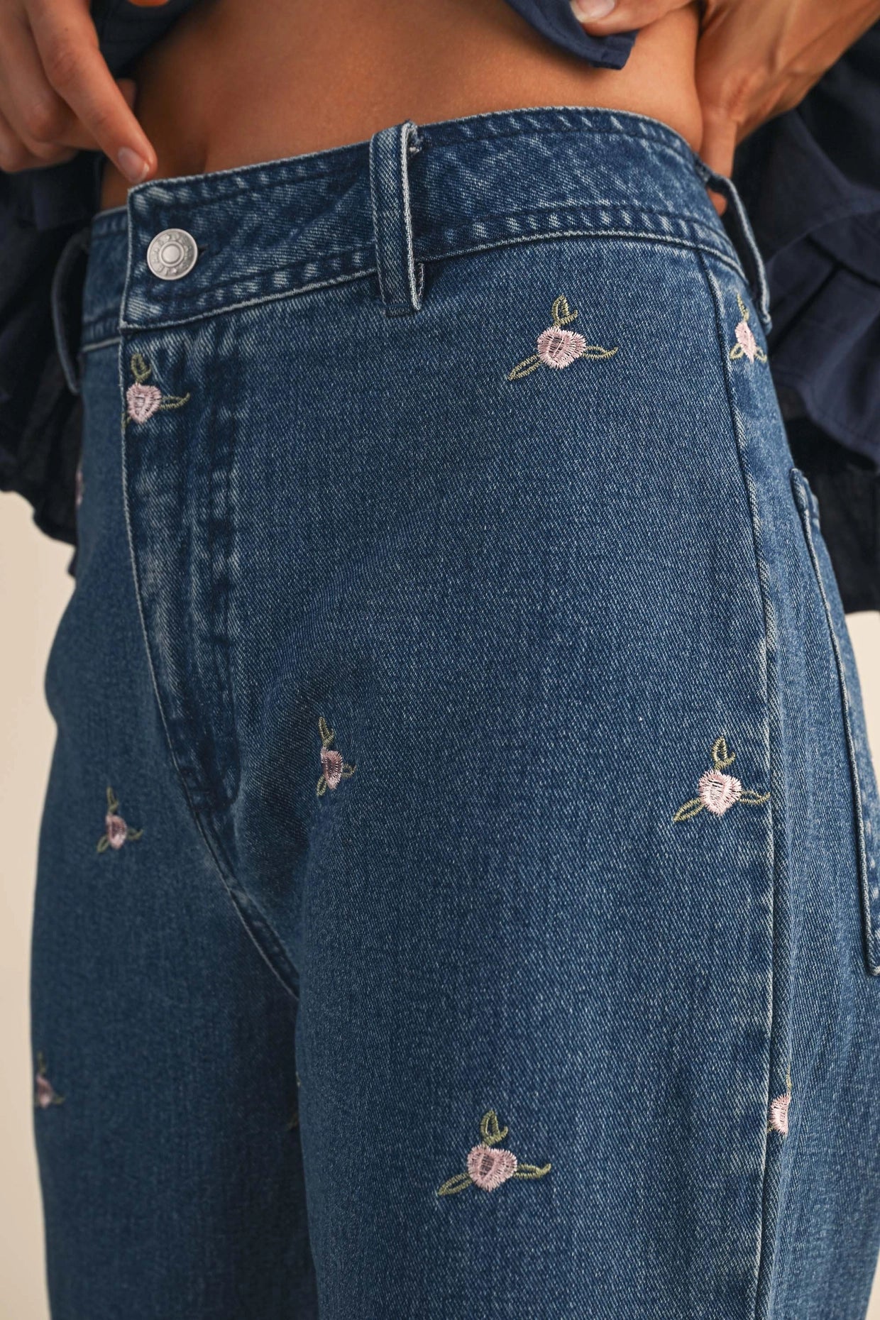 Embroidered Floral Denim Pants with Raw Hem
