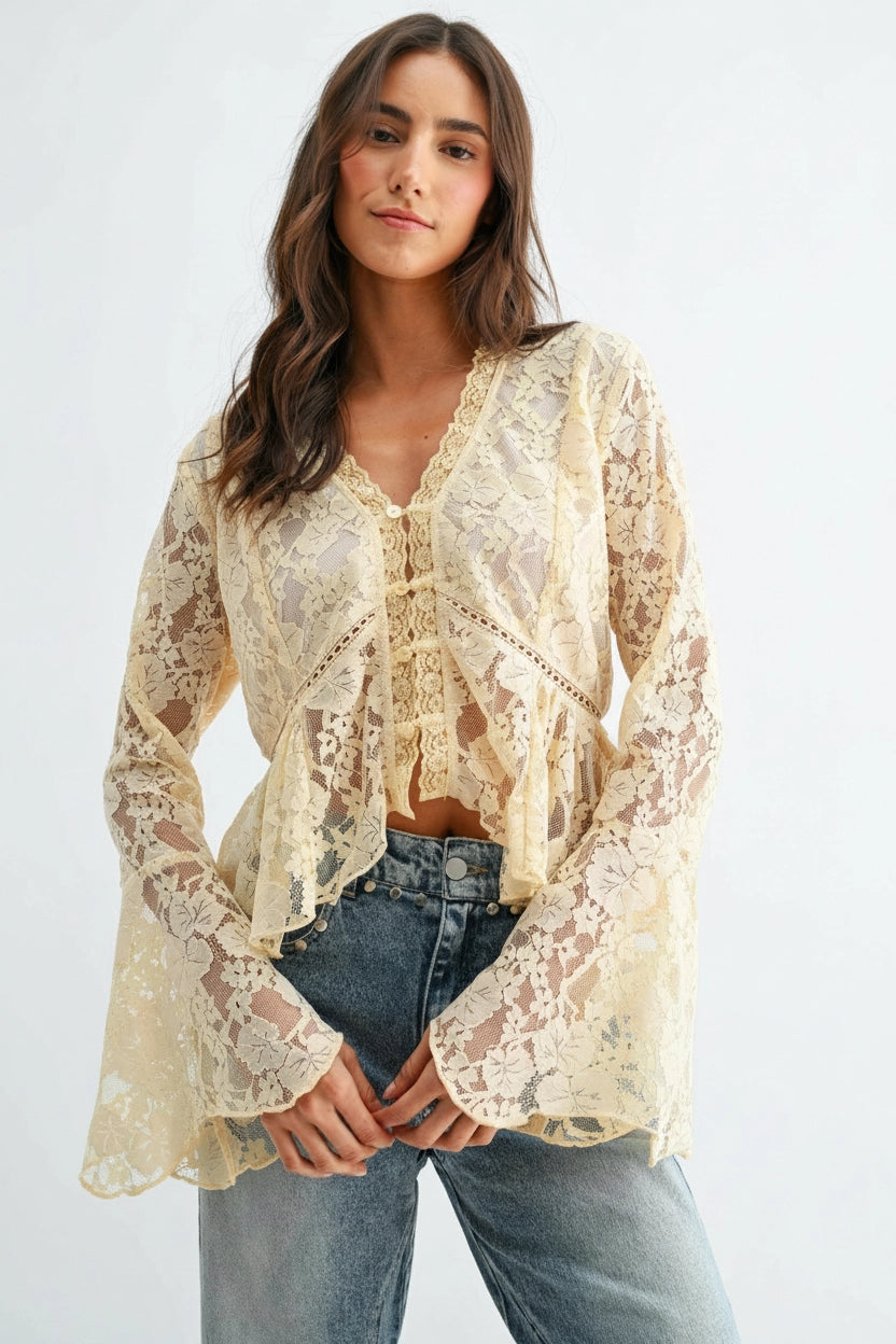 Lace Button-Down Blouse with Flared Sleeves