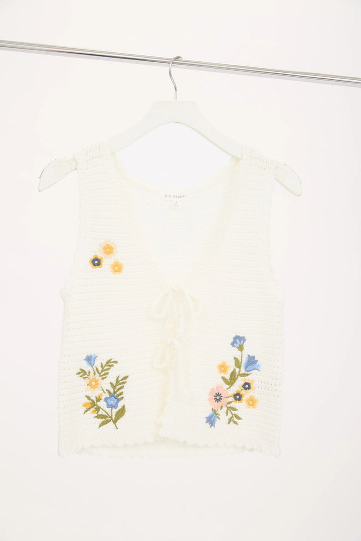 Floral Embroidery Front Tie Crochet Vest