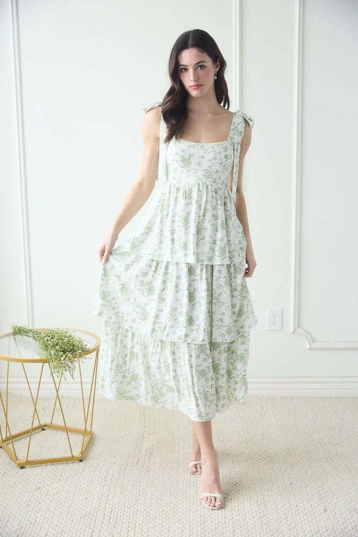 Floral Tie Strap Ruffle Tiered Midi Dress