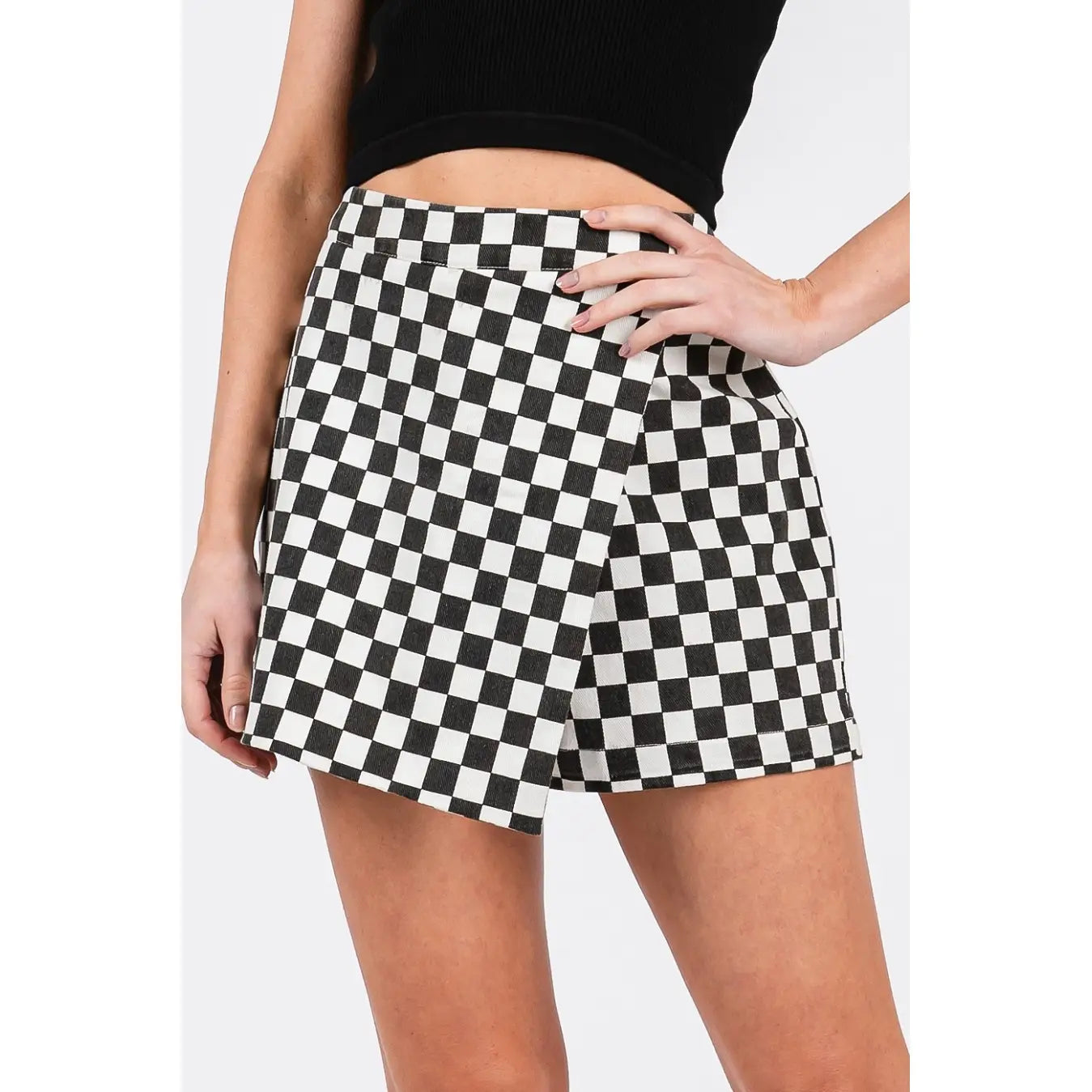 Game Day Washed Black Checkerboard Wrap Skirt