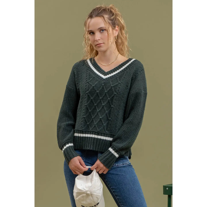 V-Neck Cable Knit Preppy Sweater