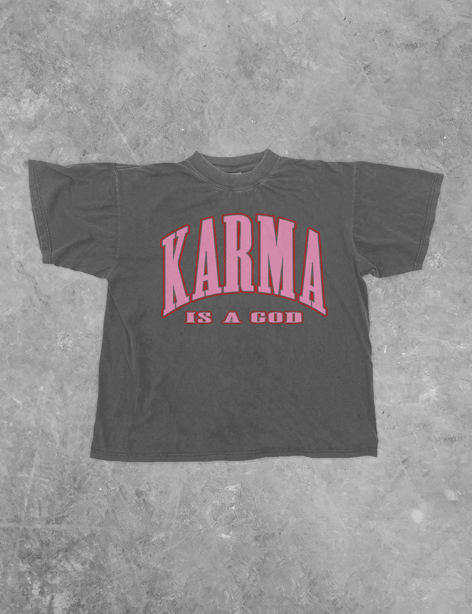 Underground Original Design: Karma is a God Boxy Cotton T-Shirt (Red/Pink)
