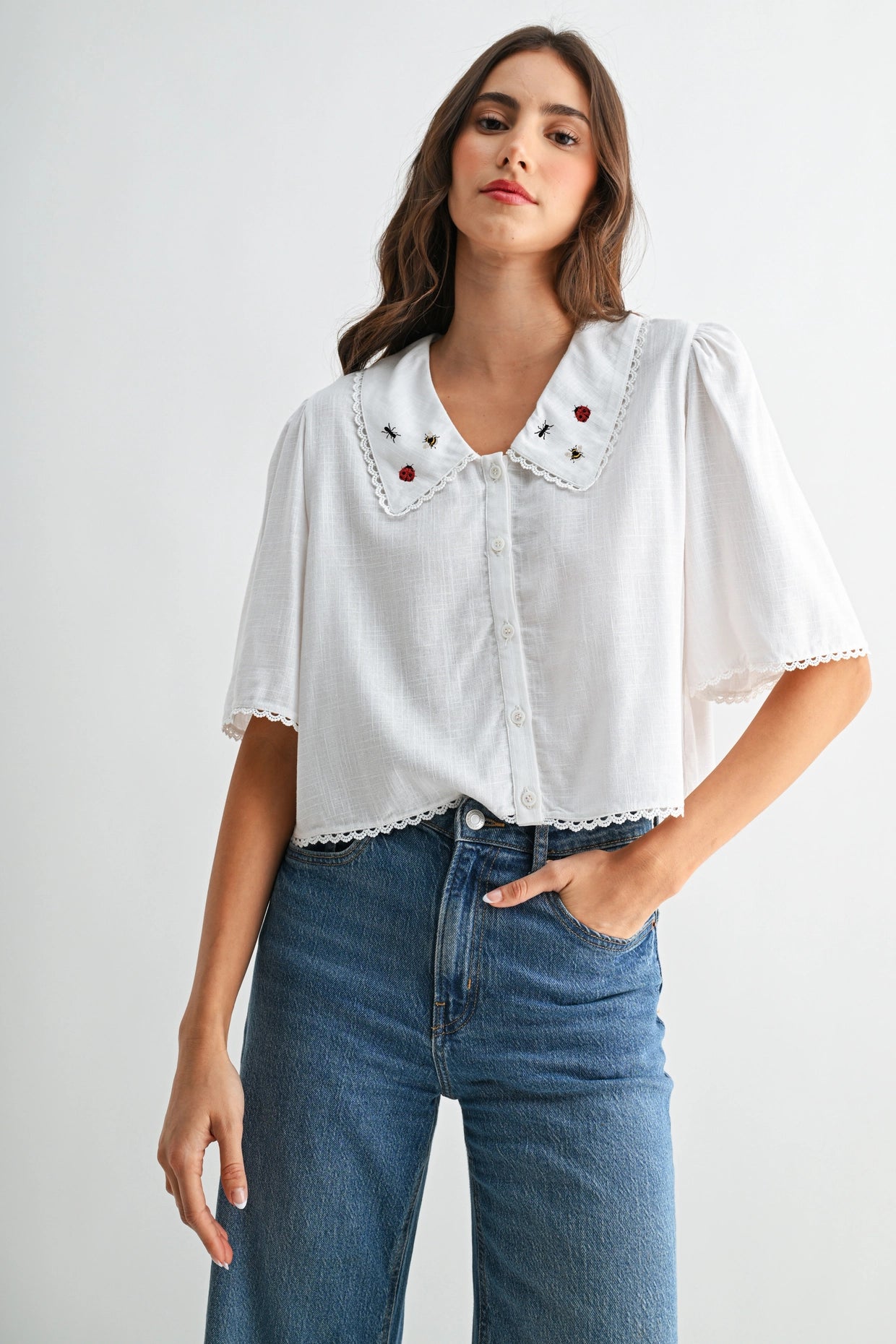 Ladybug Embroidered Cotton Blouse