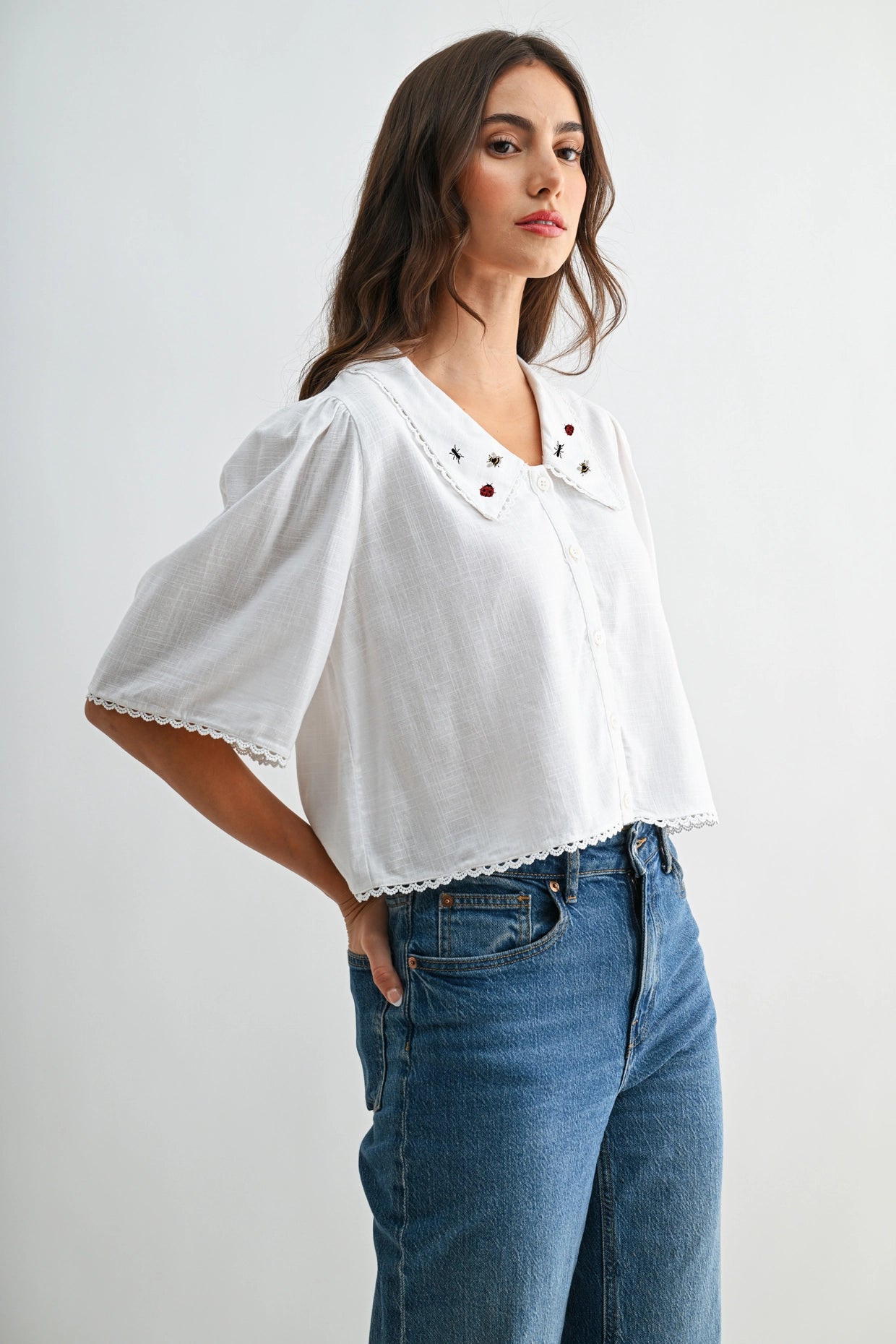 Ladybug Embroidered Cotton Blouse