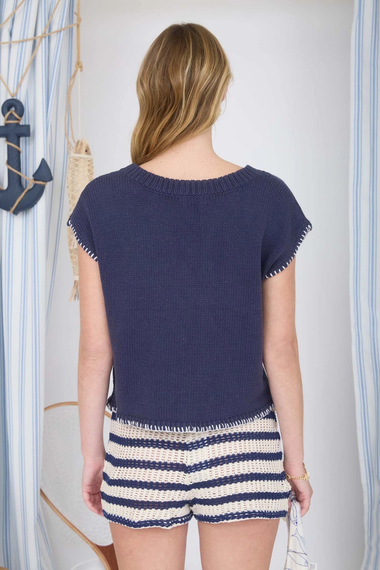 Marine Contrast Edge Stitch Short Sleeve Sweater