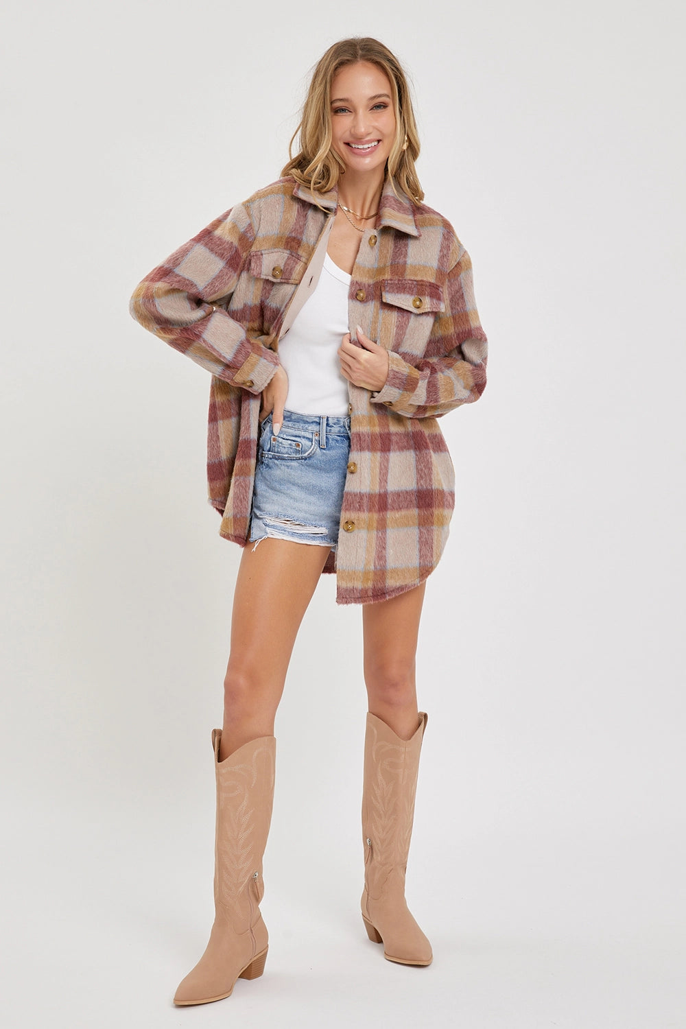 Mauve Plaid Shirt Jacket