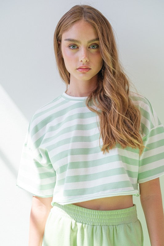 Green & White Striped Cropped Tee