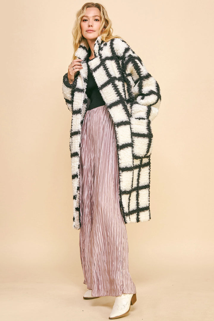 Grid Plaid Oversized Teddy Coat