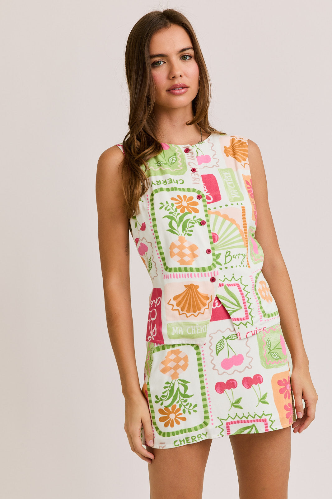 Mon Cheri Button Down Sleeveless Top with Slit Mini Skirt