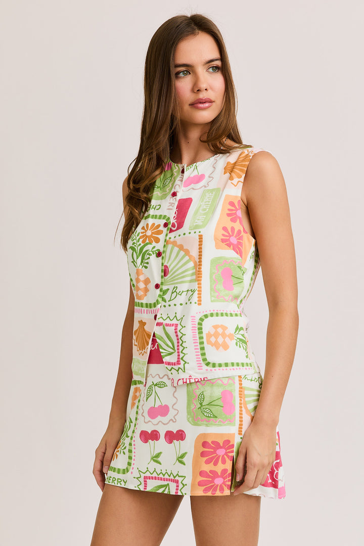 Mon Cheri Button Down Sleeveless Top with Slit Mini Skirt