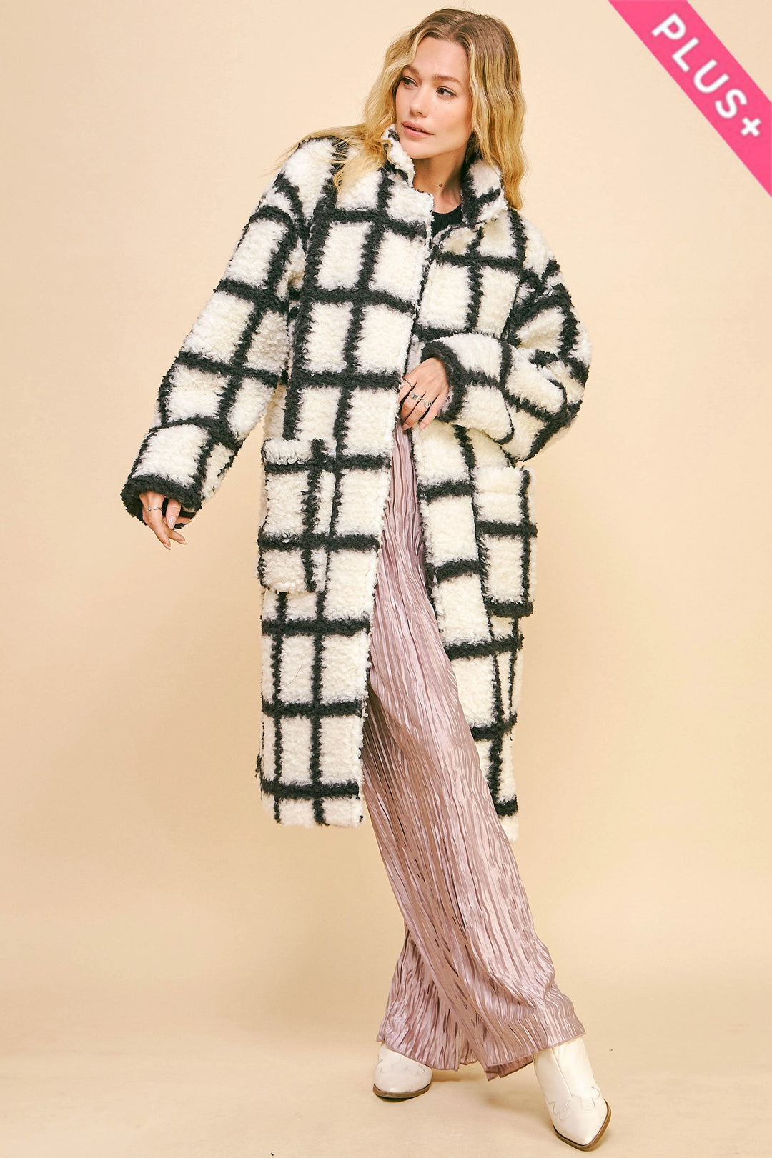 Grid Plaid Oversized Teddy Coat | Curvy