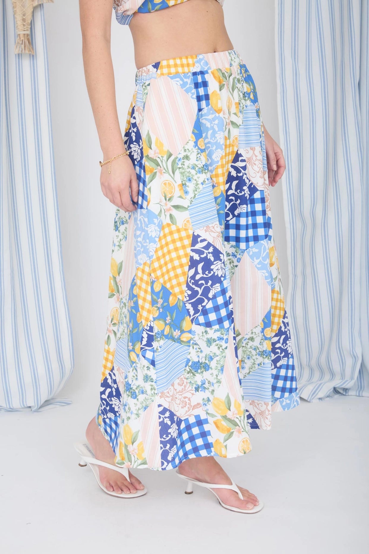 Quilt Pattern Linen Blend Maxi Skirt