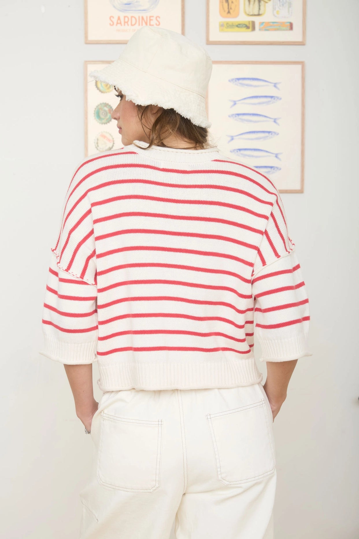 Red & White Stripe Raw Edge Sweater
