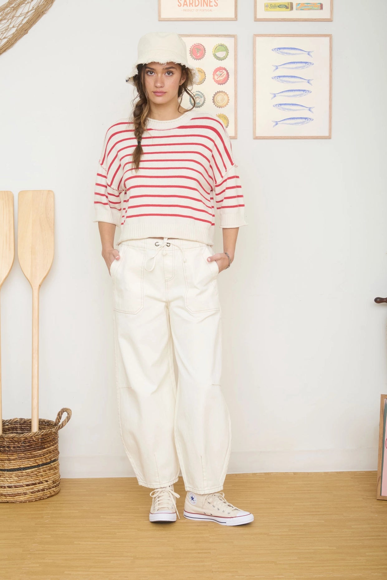 Red & White Stripe Raw Edge Sweater