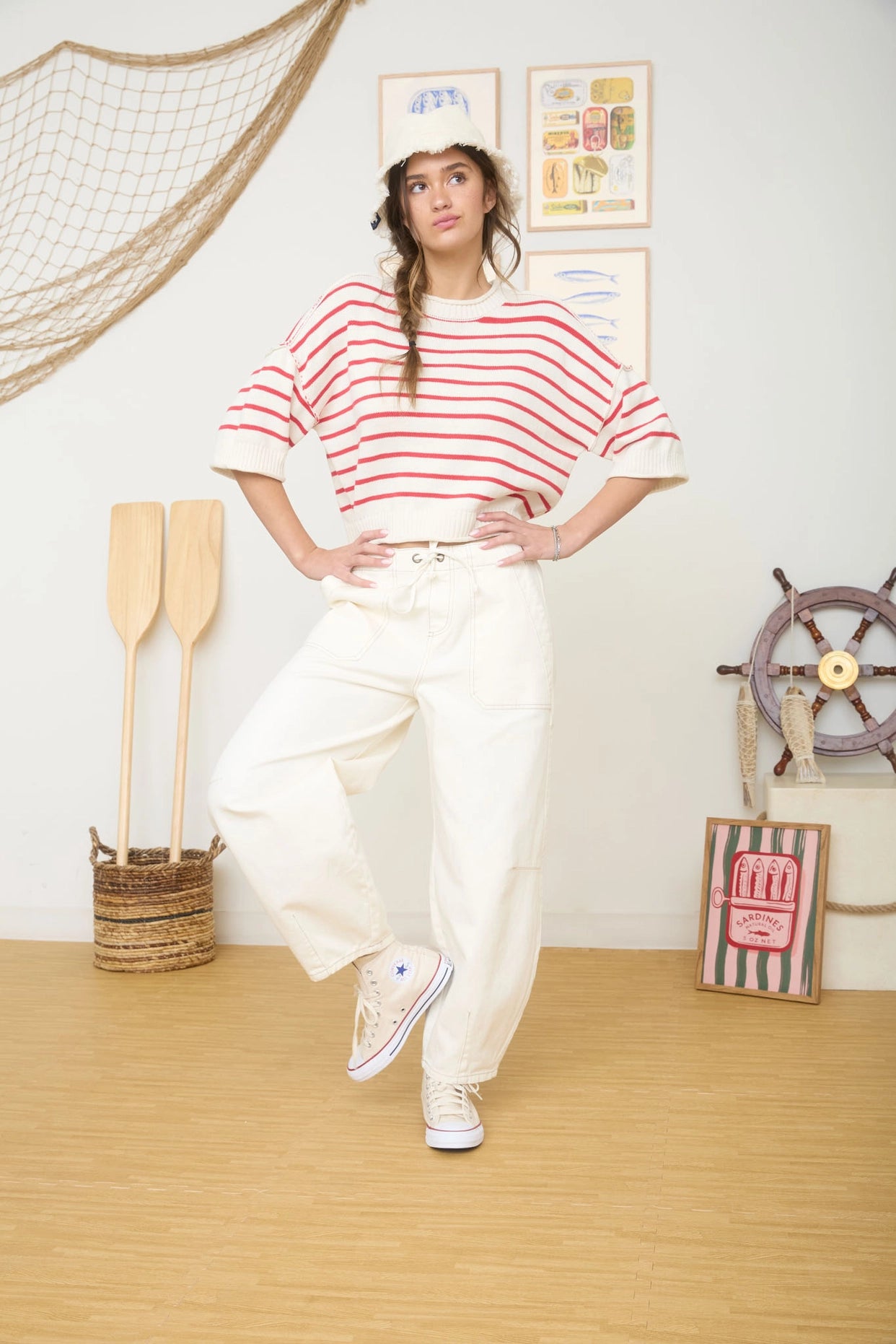 Red & White Stripe Raw Edge Sweater