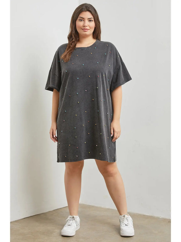 Rhinestone Studded Short Sleeve Dress | Curvy