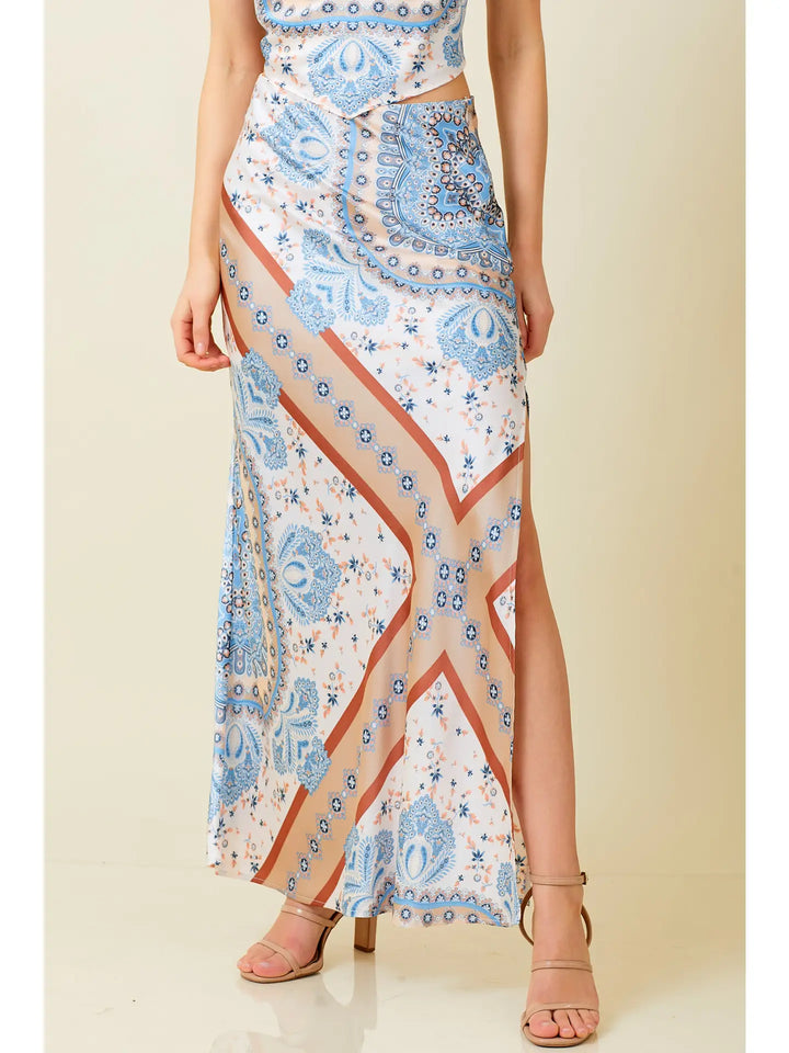 Scarf Print Satin Maxi Skirt