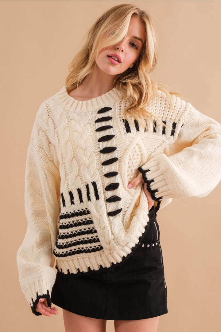 Cable Stitch Oversized Ribbed Neck Sweater