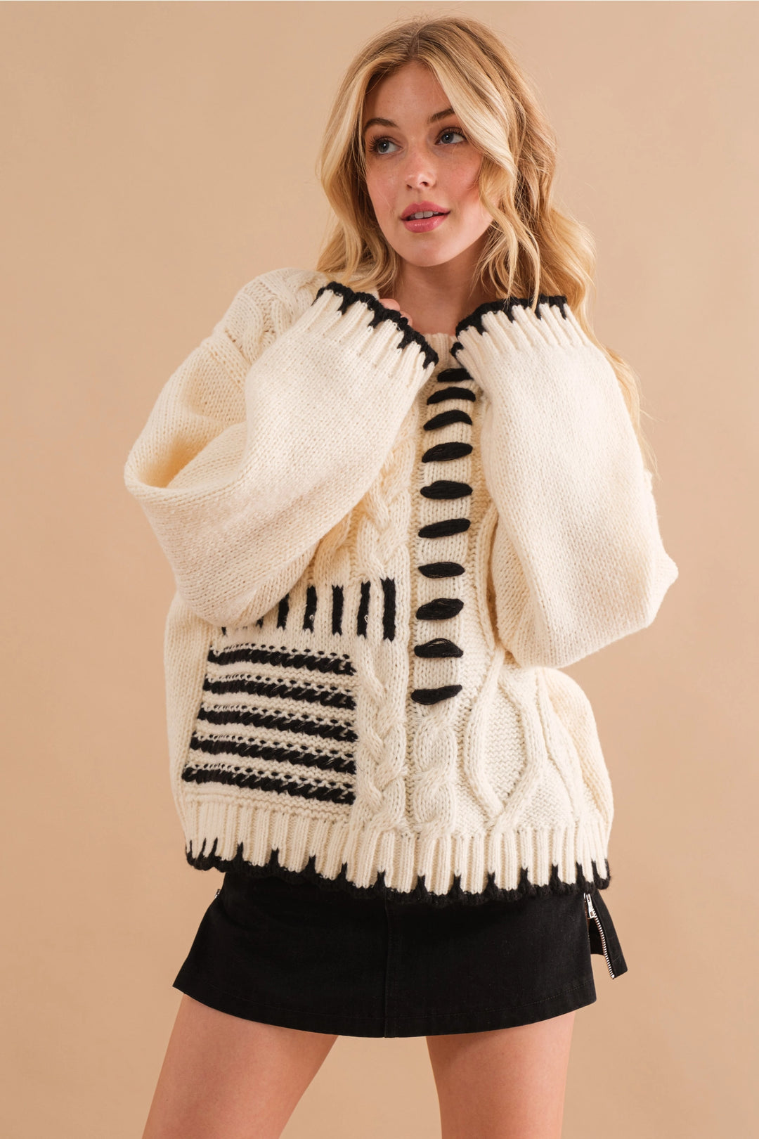 Cable Stitch Oversized Ribbed Neck Sweater