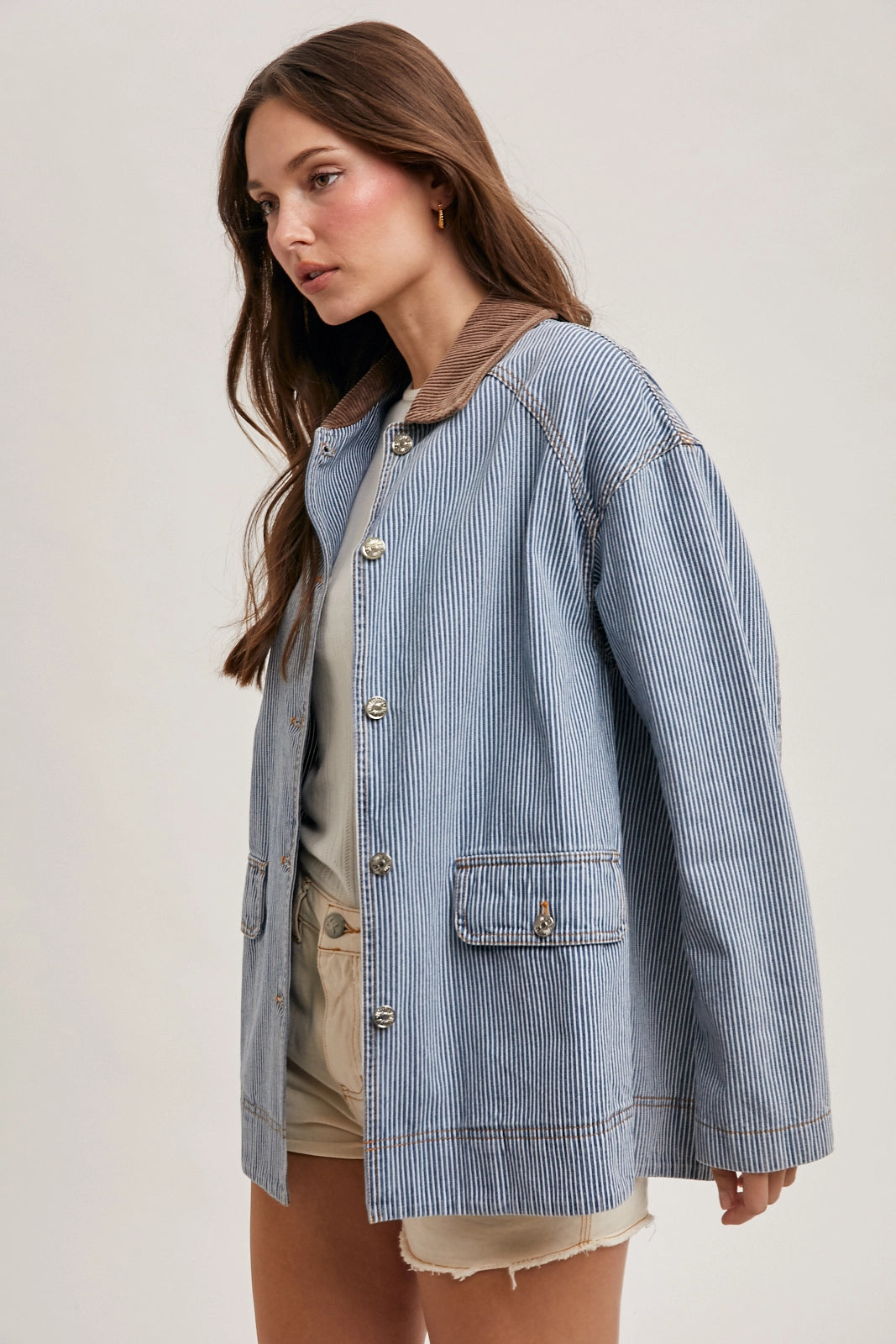 Denim Pin Stripe Contrast Barn Coat