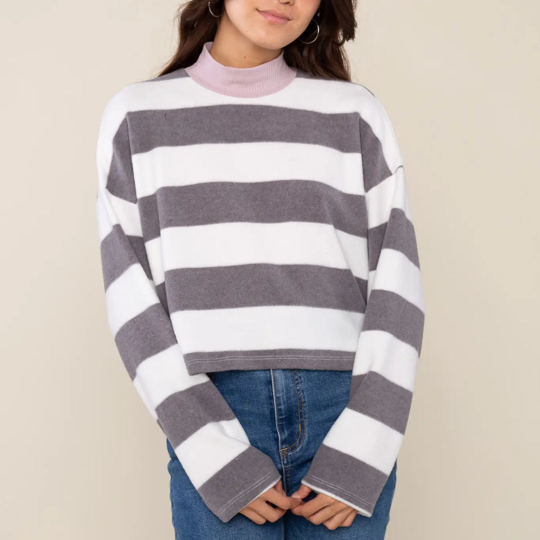 Andy Striped Mock Neck Fleece Top