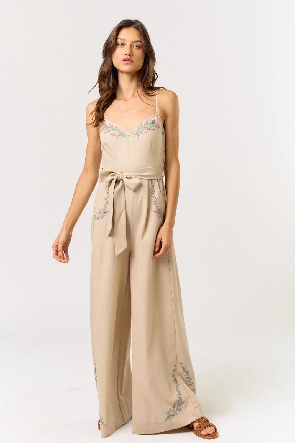 Embroidery Waist Tie Wide Leg Jumpsuit