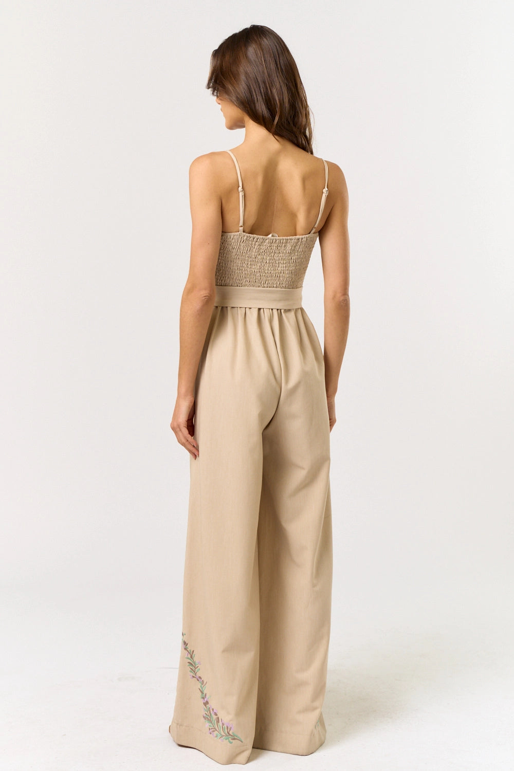 Embroidery Waist Tie Wide Leg Jumpsuit