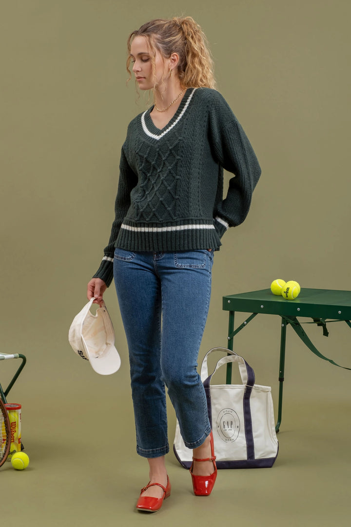 V-Neck Cable Knit Preppy Sweater