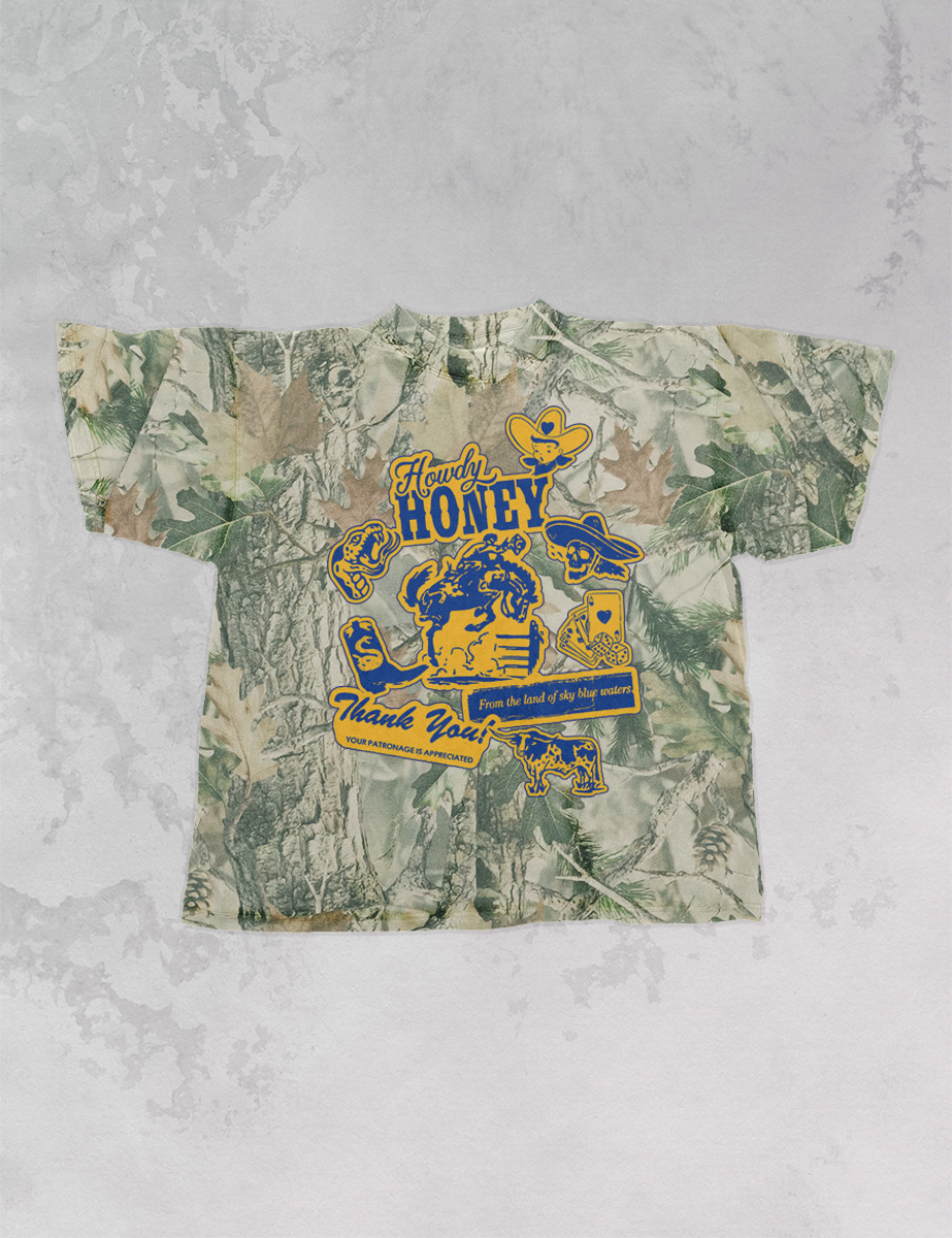 Underground Original Design: Howdy Honey, CAMO Western Collage Boxy Cotton TShirt
