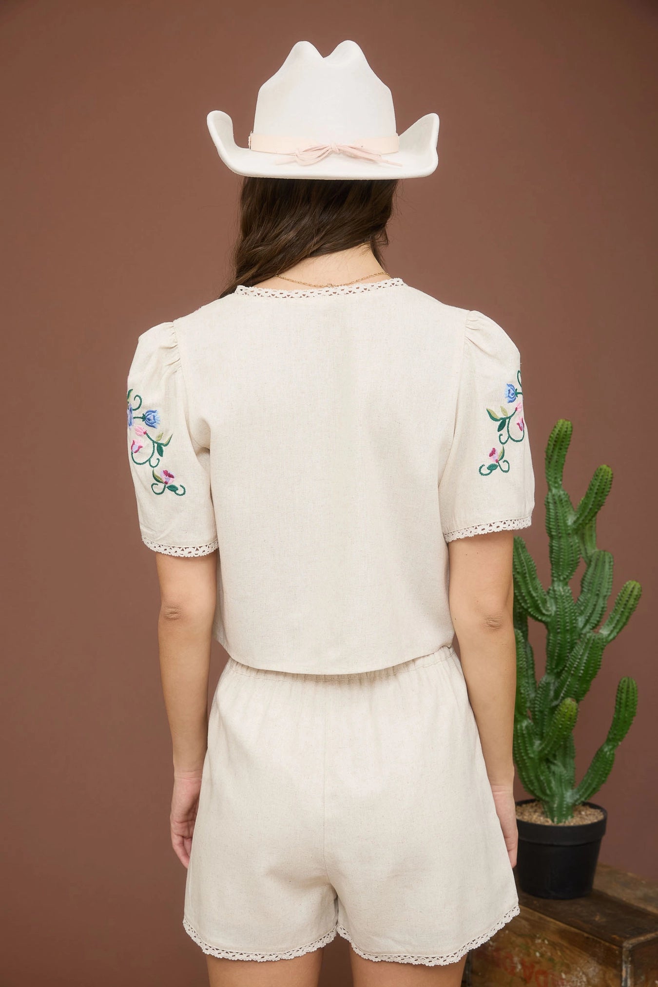 Floral Embroidery Tie Front Blouse