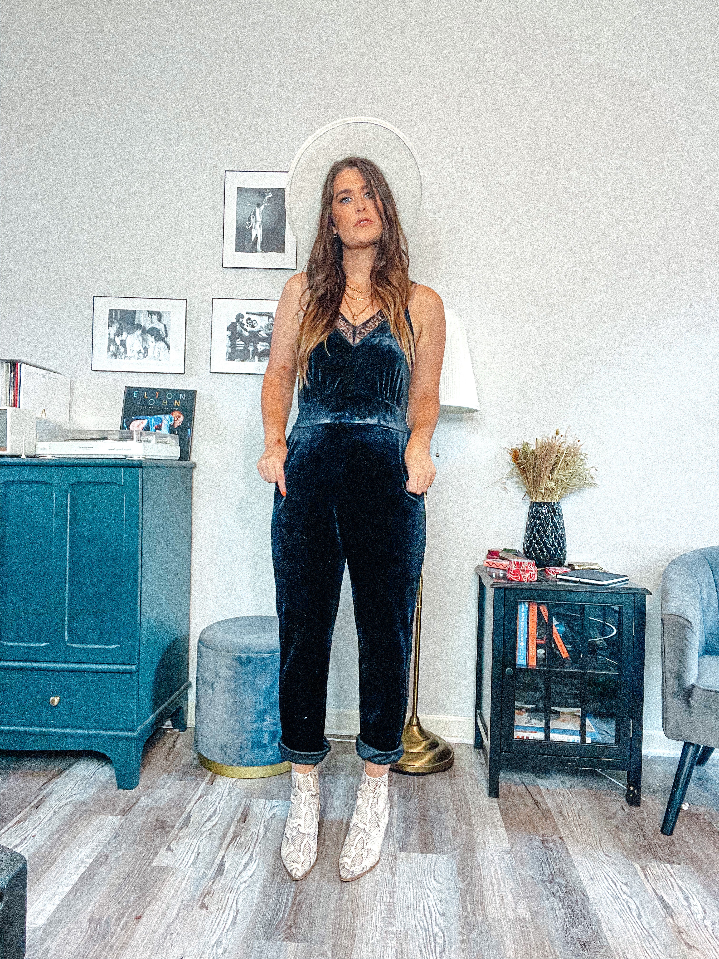 Black Velvet Jumpsuit with Lace Detail