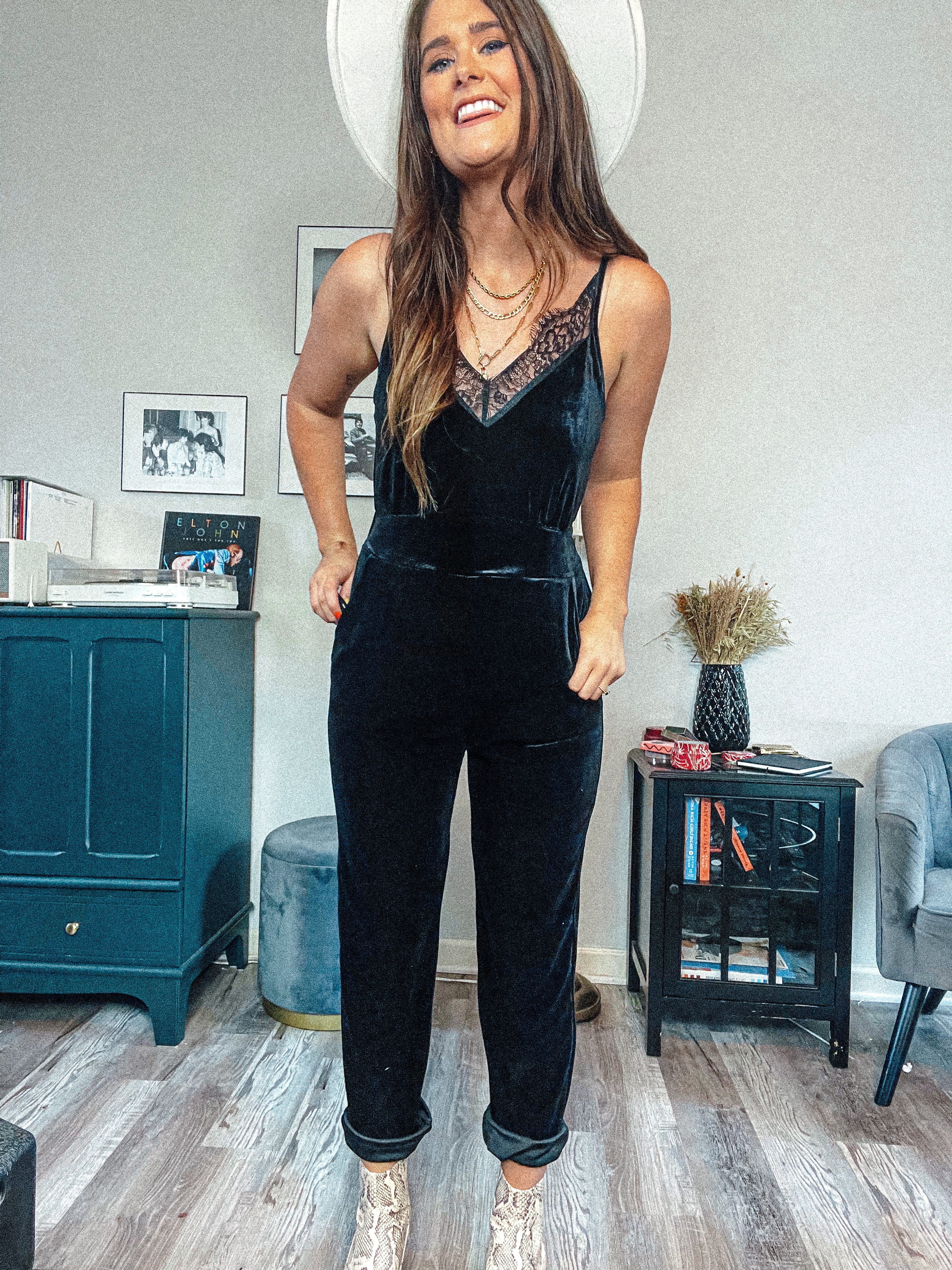 Black Velvet Jumpsuit with Lace Detail