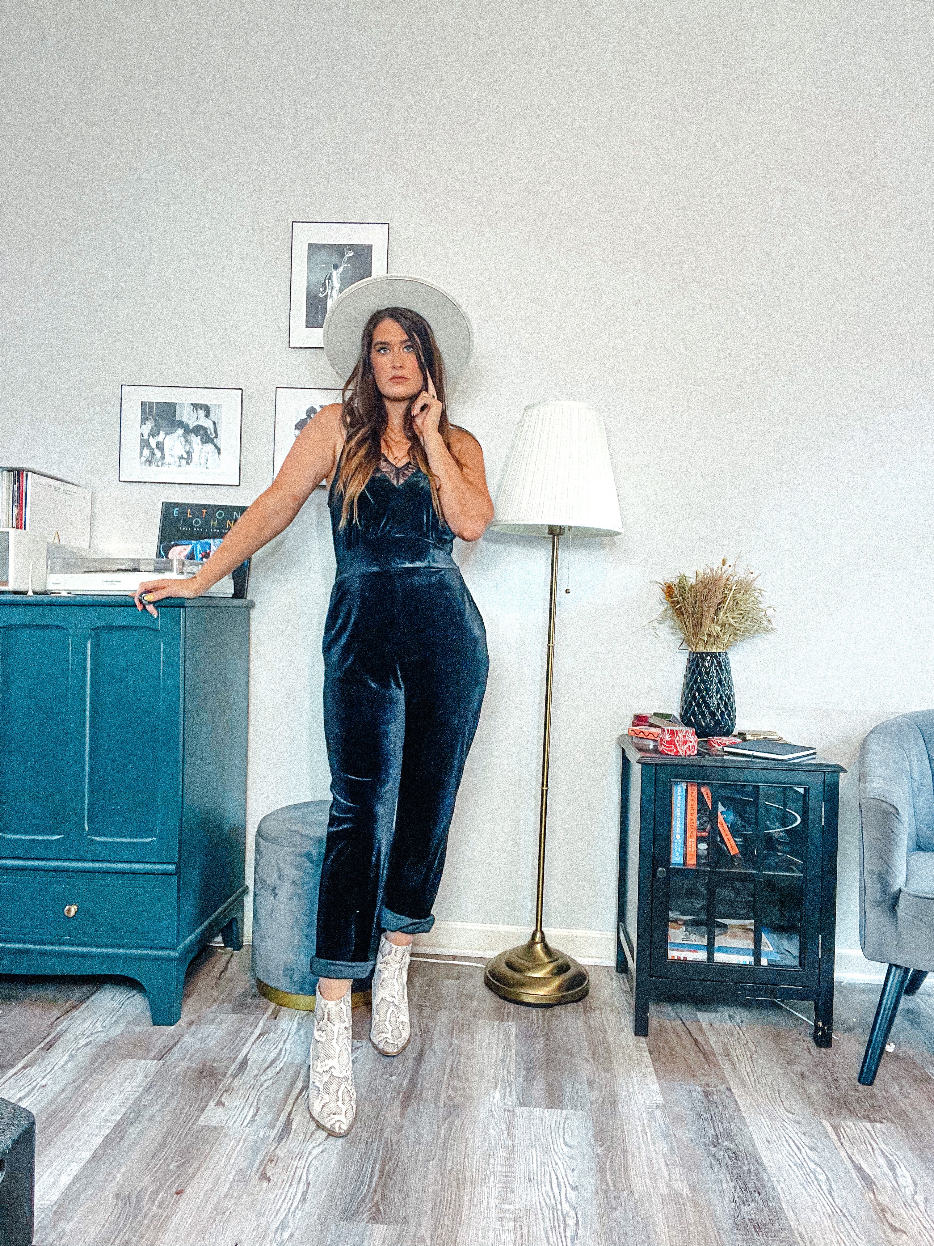 Black Velvet Jumpsuit with Lace Detail