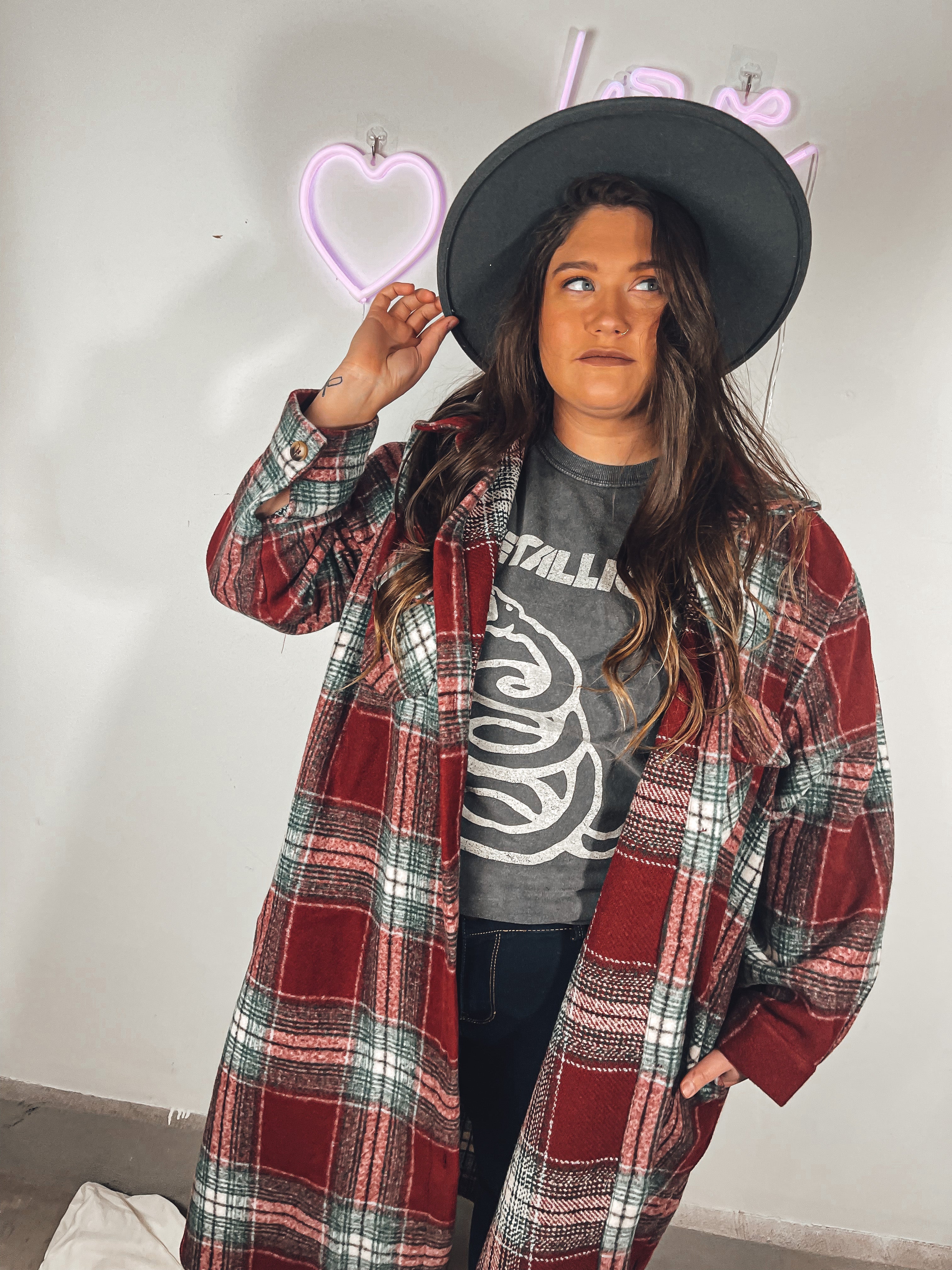 Plaid Long Shirt Jacket | Curvy