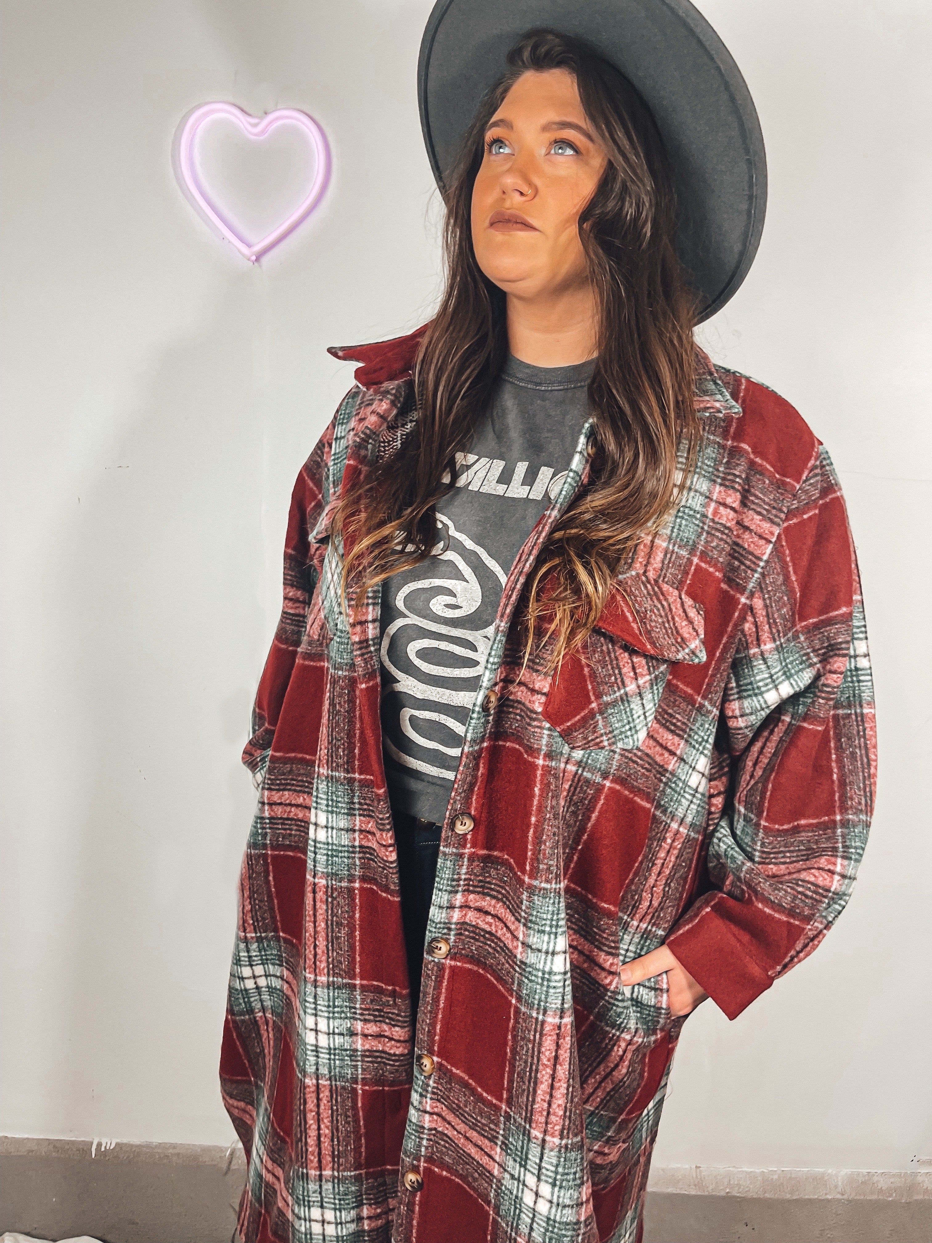 Plaid Long Shirt Jacket | Curvy