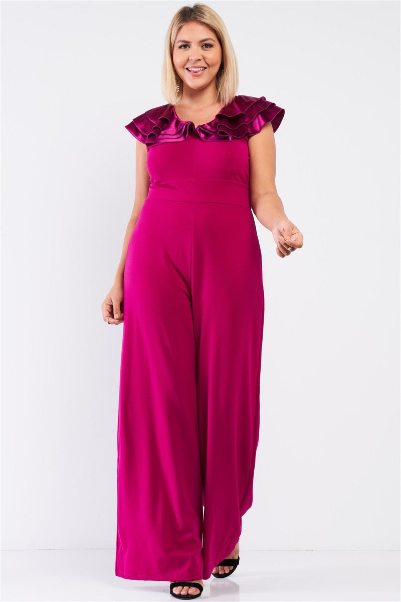 Berry Wide Leg Jumpsuit with Ruffle Detail | Curvy