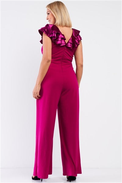 Berry Wide Leg Jumpsuit with Ruffle Detail | Curvy