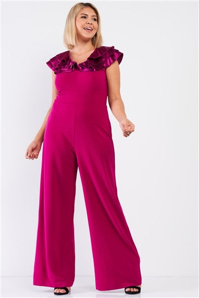 Berry Wide Leg Jumpsuit with Ruffle Detail | Curvy