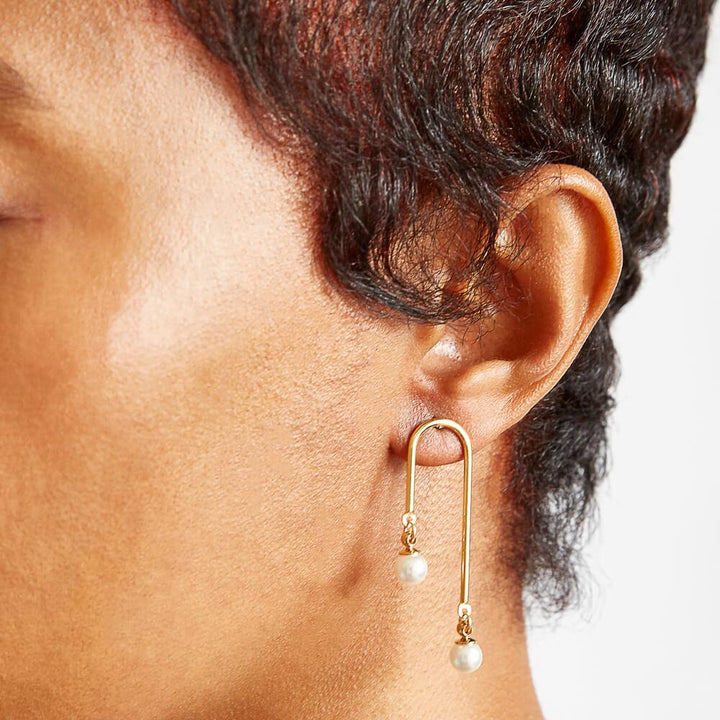 Gold Pearl Curve Bar Earrings