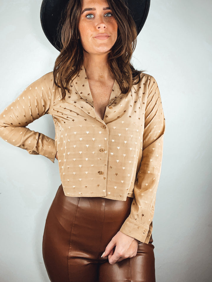 Satin Star Cropped Blouse - Taupe