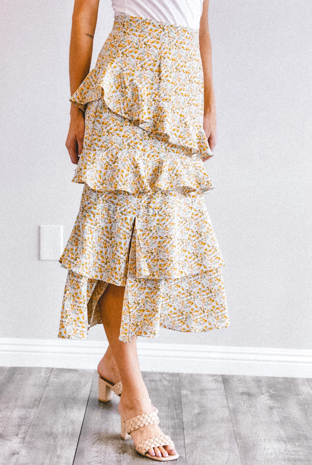 Ruffle Floral Midi Skirt